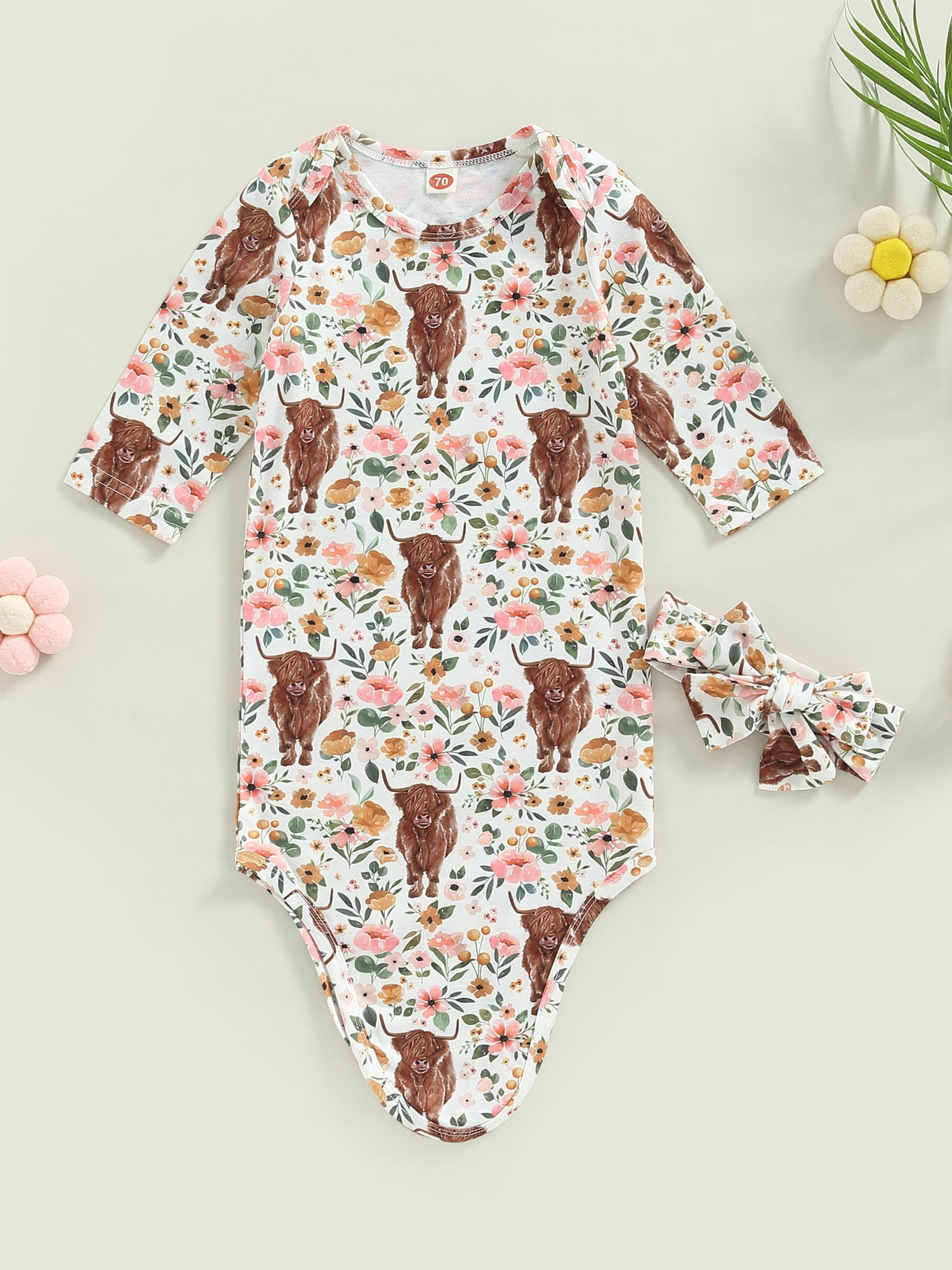 Newborn Girls Boys Sleeping Bag Floral Cow Head Print Long Sleeve Knotted Baby Wearable Blanket Wrap Swaddle with Headband