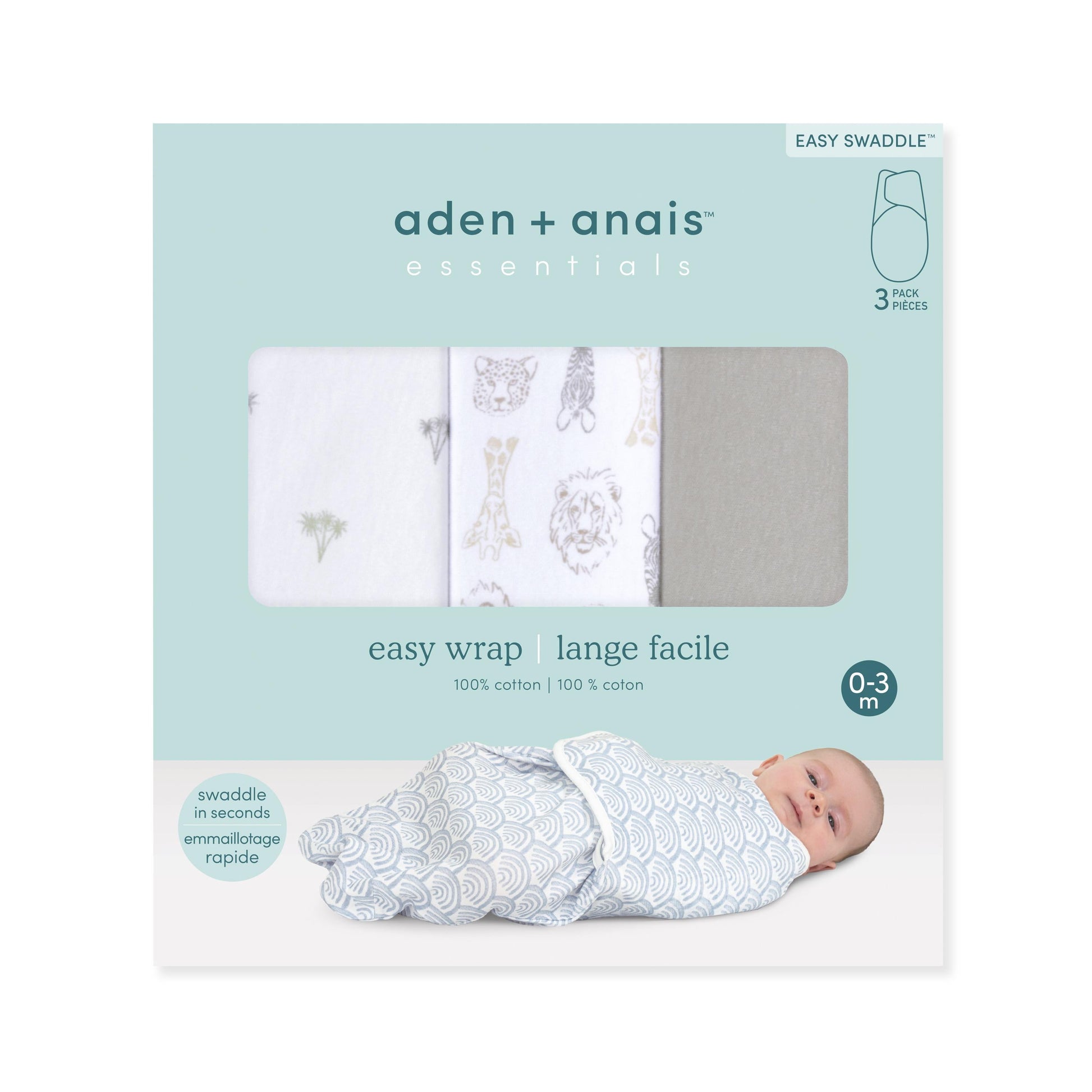 aden + anais™ Essentials No Zip Wrap Swaddles, On Safari, Grey, Unisex, Neworn, 0-3 Months, 3-Pack