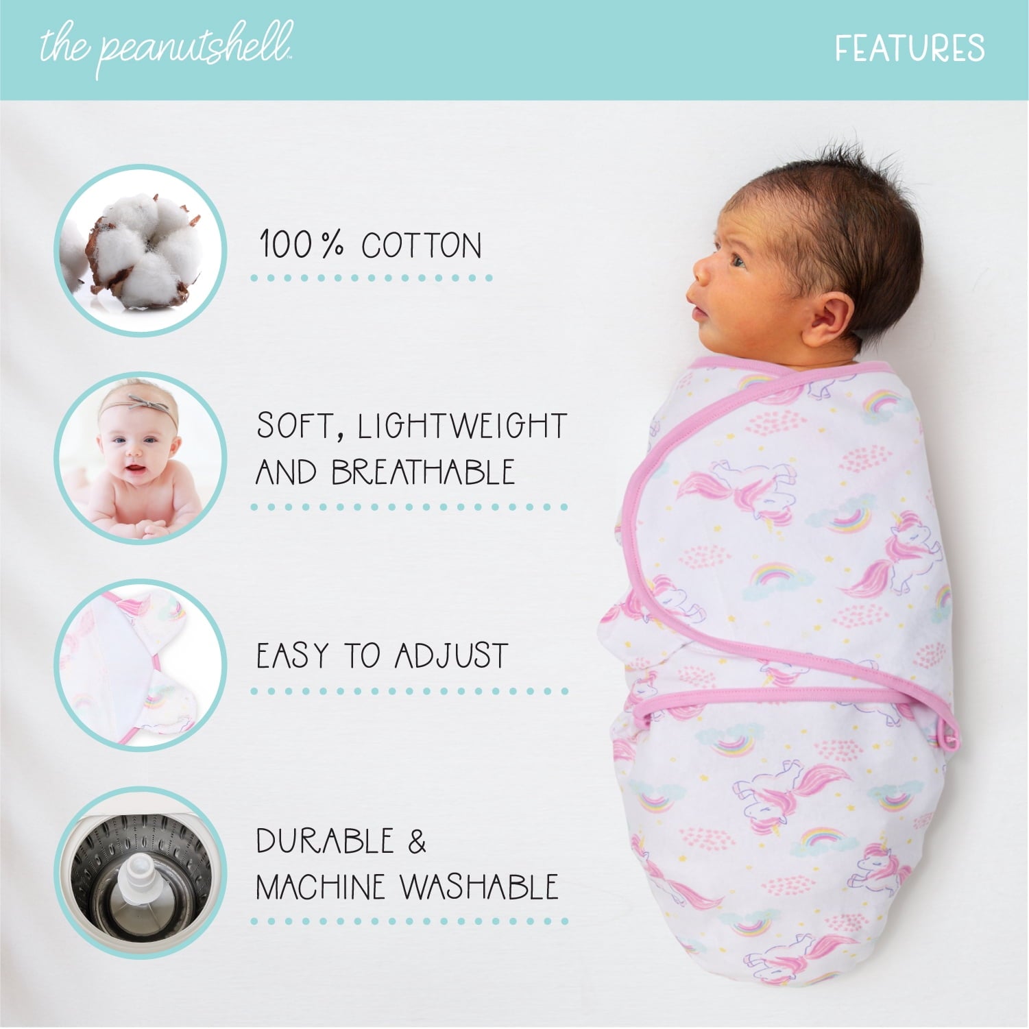 The Peanutshell Newborn Swaddles for Baby Girls, 3 Pack Set, Rainbow Unicorn