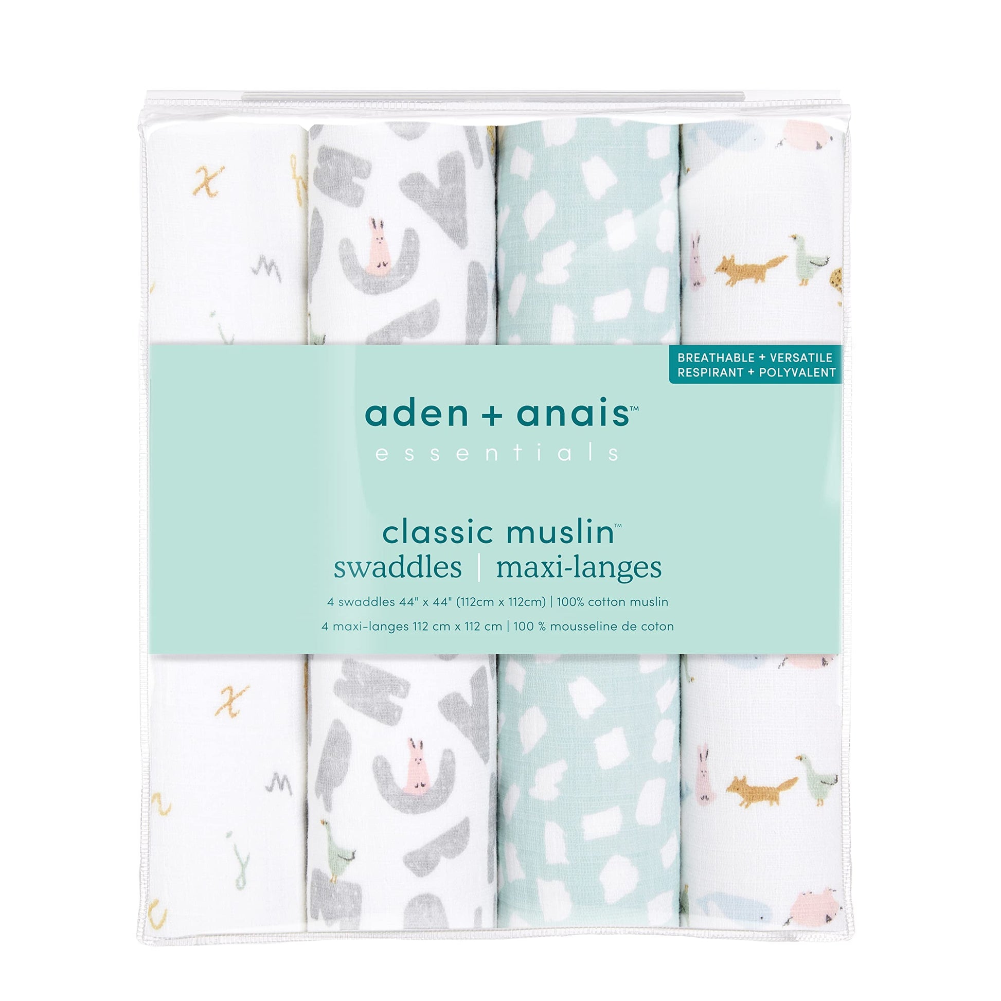 aden + anais Alphabet Animals Cotton Muslin Baby Blankets, 4 Count