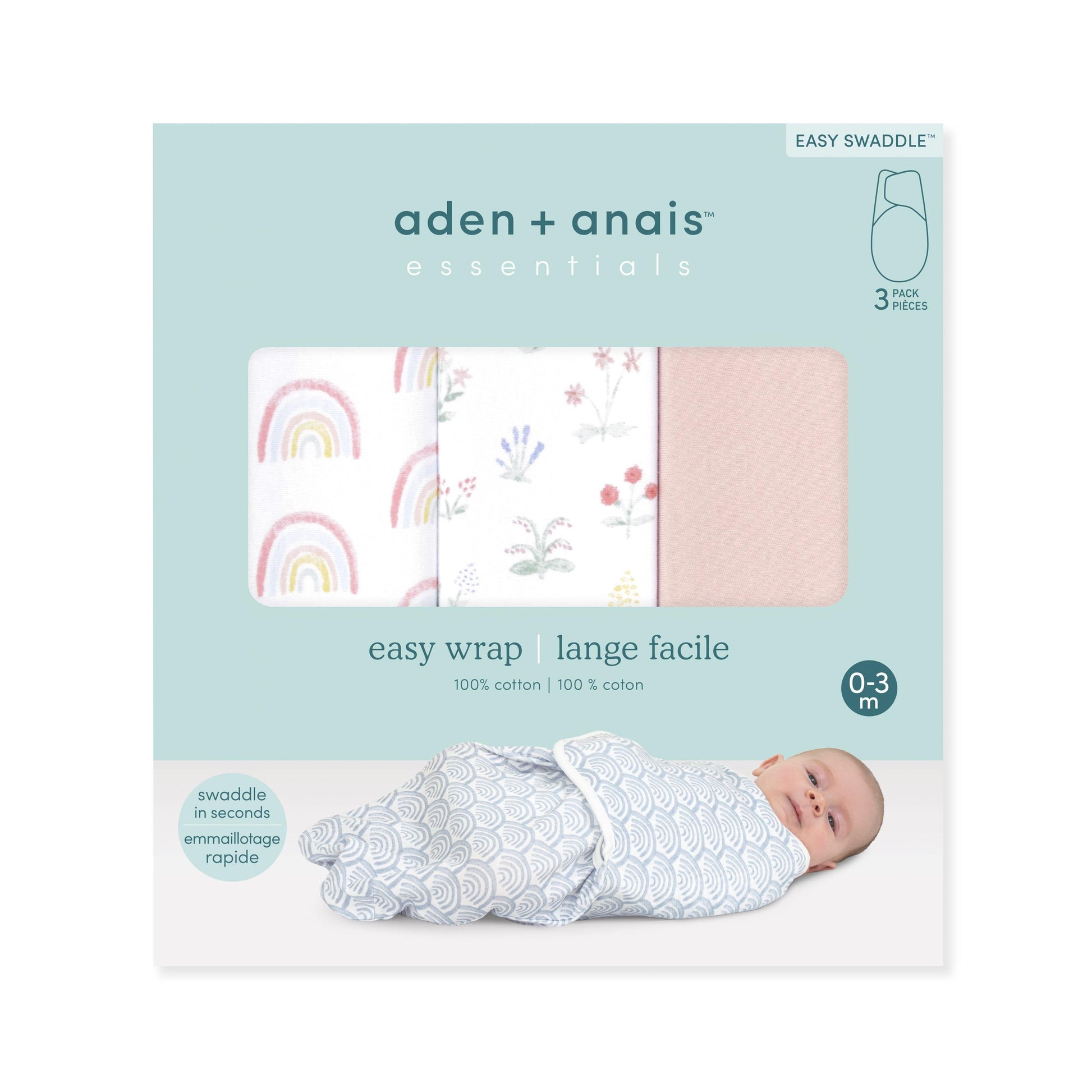 aden + anais™ Essentials No Zip Wrap Swaddles, Spring Flowers, Pink, Girls, Newborn, 0-3 Months, 3-Pack