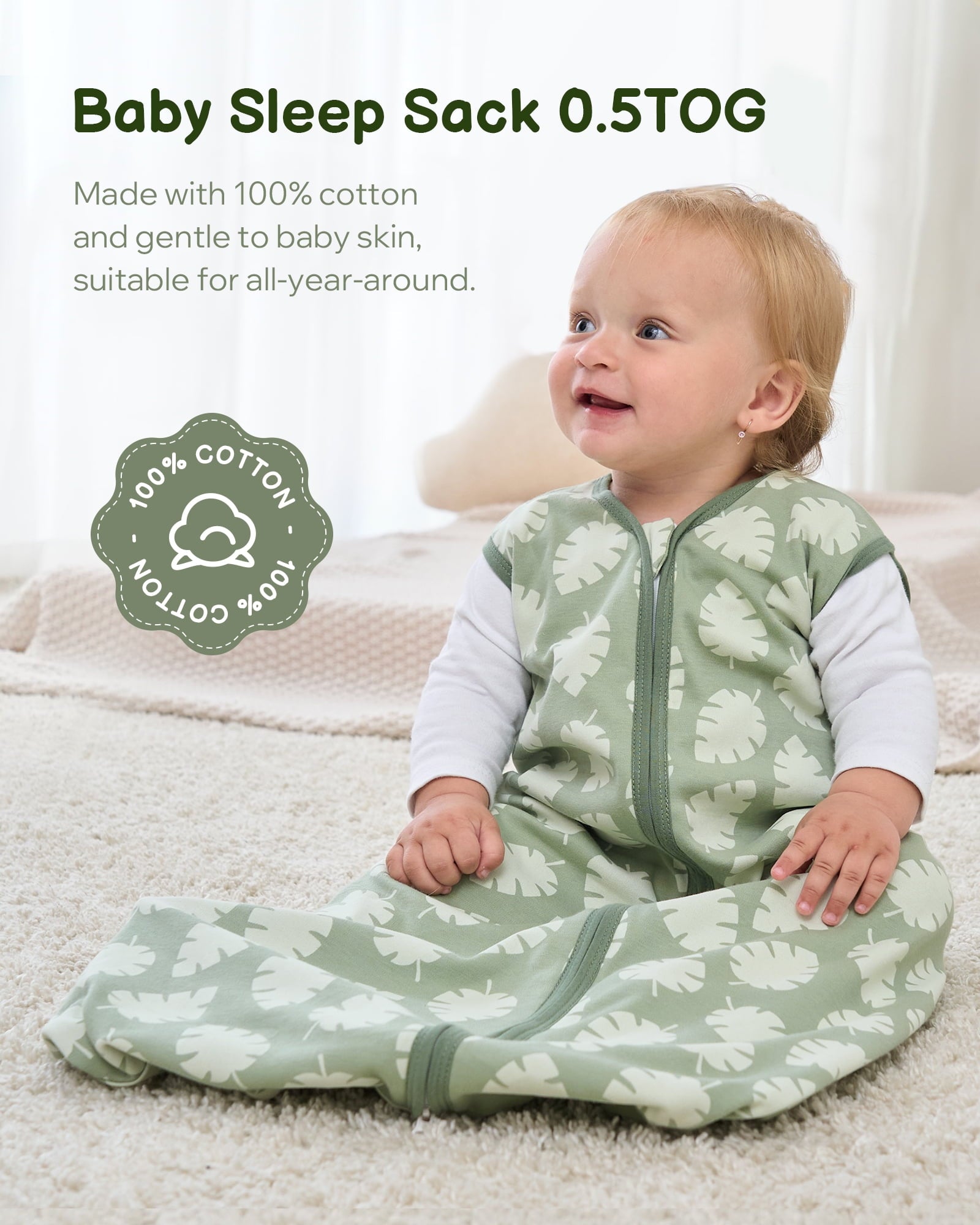 Baby Sleep Sack 6-12 Months, 100% Organic Cotton Wearable Blanket for Babies, 2-Way Zipper TOG 0.5 Lightweight Breathable Baby Sleeping Bag, 4 Sizes-M Leaf＆Green