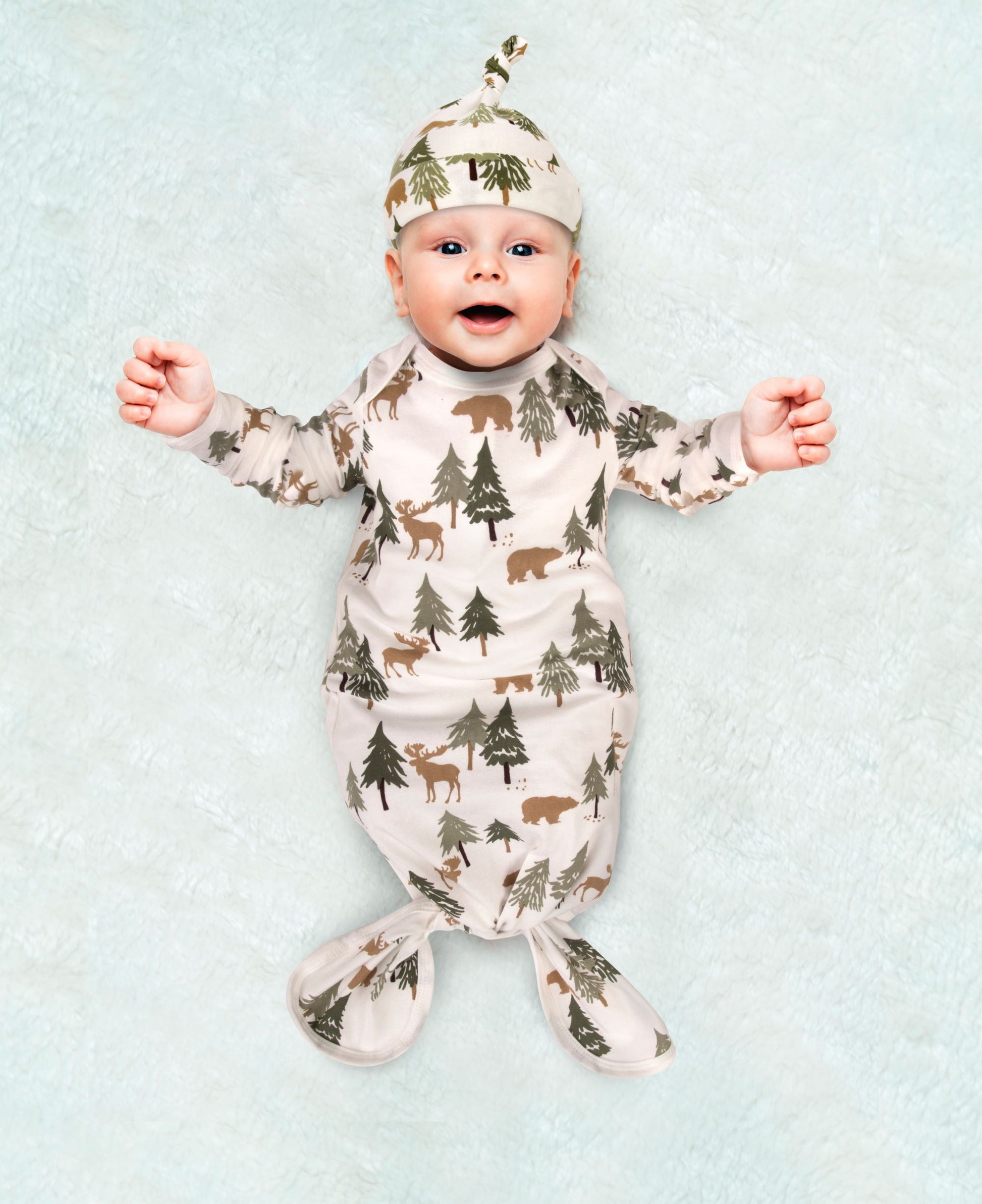 Baby Essentials Long Sleeve Knotted Patterned Sleeping Gown with Matching Night Cap for Newborn Infants 0 - 6 Months for Sleep, Cuddling, Swaddling and Lounge in Wonderous Woods