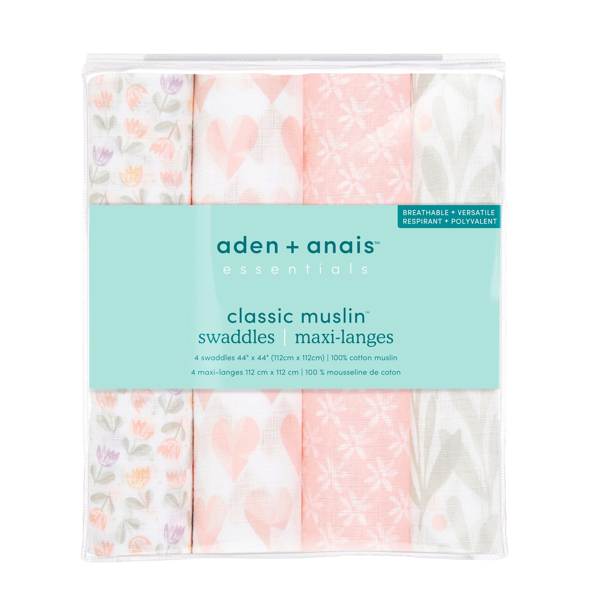 aden + anais Essentials Swaddle Blanket, 4 Pack, Piece of My Heart