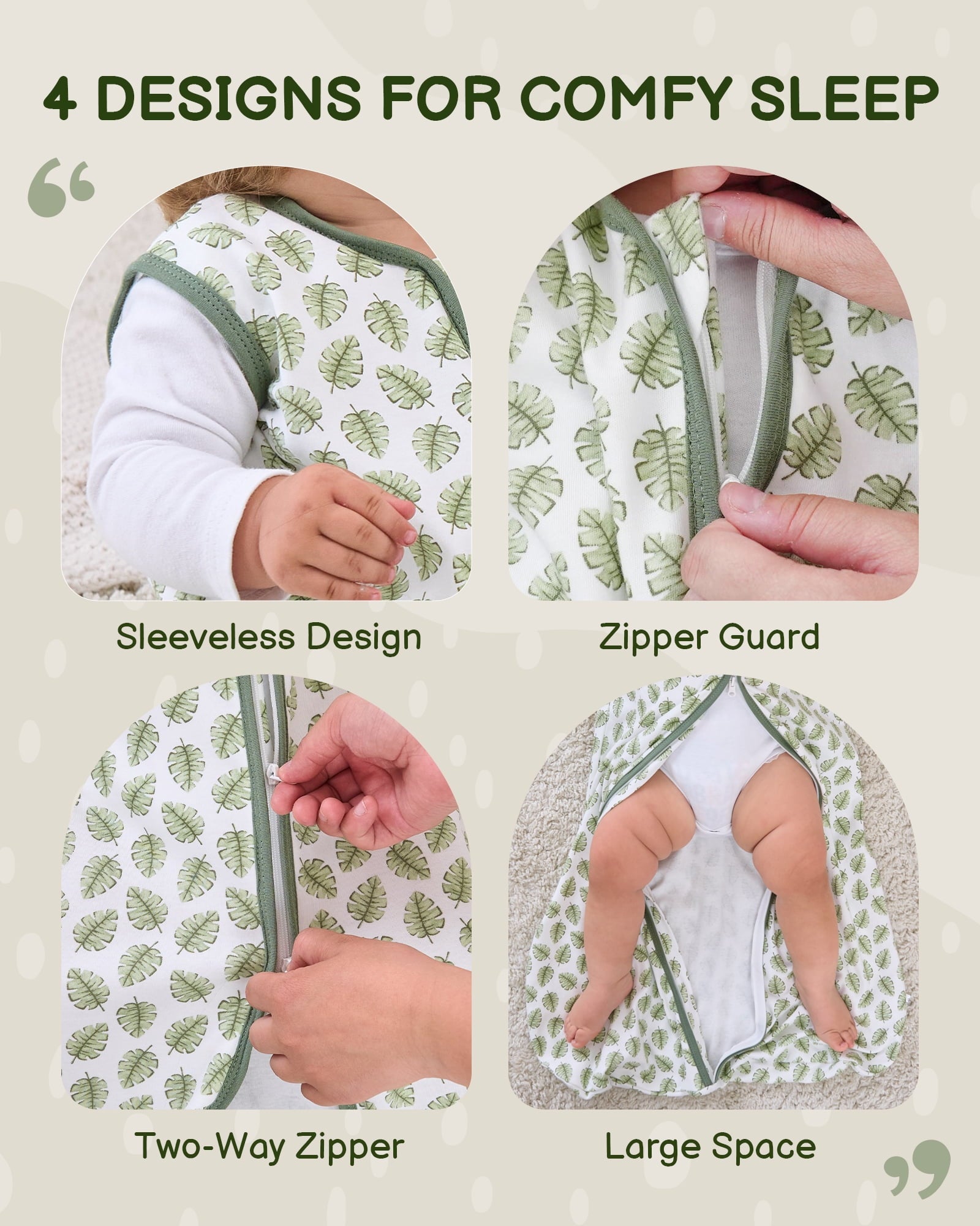 Baby Sleep Sack 6-12 Months, 100% Organic Cotton Wearable Blanket for Babies, 2-Way Zipper TOG 0.5 Lightweight Breathable Baby Sleeping Bag, 4 Sizes-M Leaf＆Green