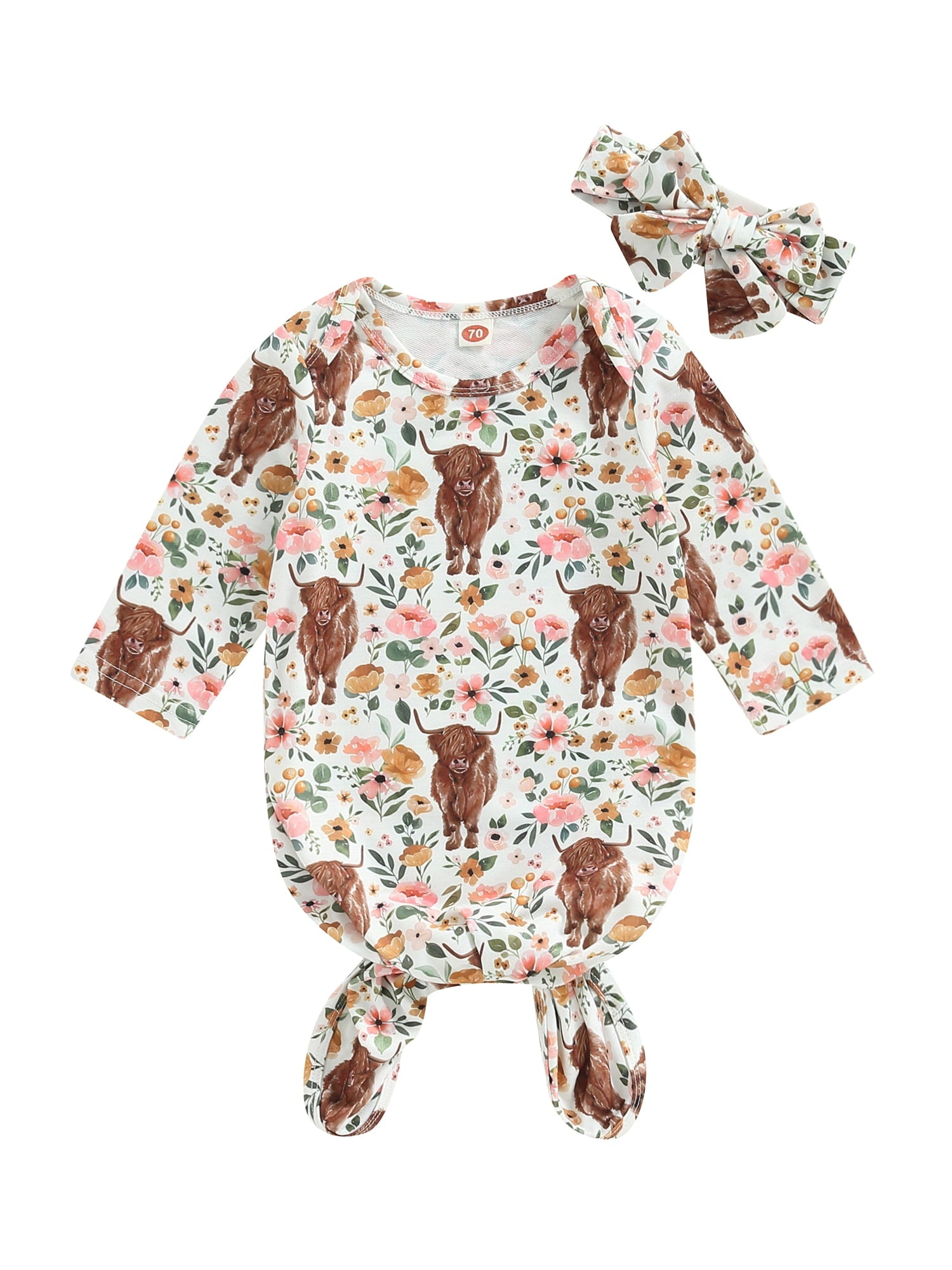 Newborn Girls Boys Sleeping Bag Floral Cow Head Print Long Sleeve Knotted Baby Wearable Blanket Wrap Swaddle with Headband