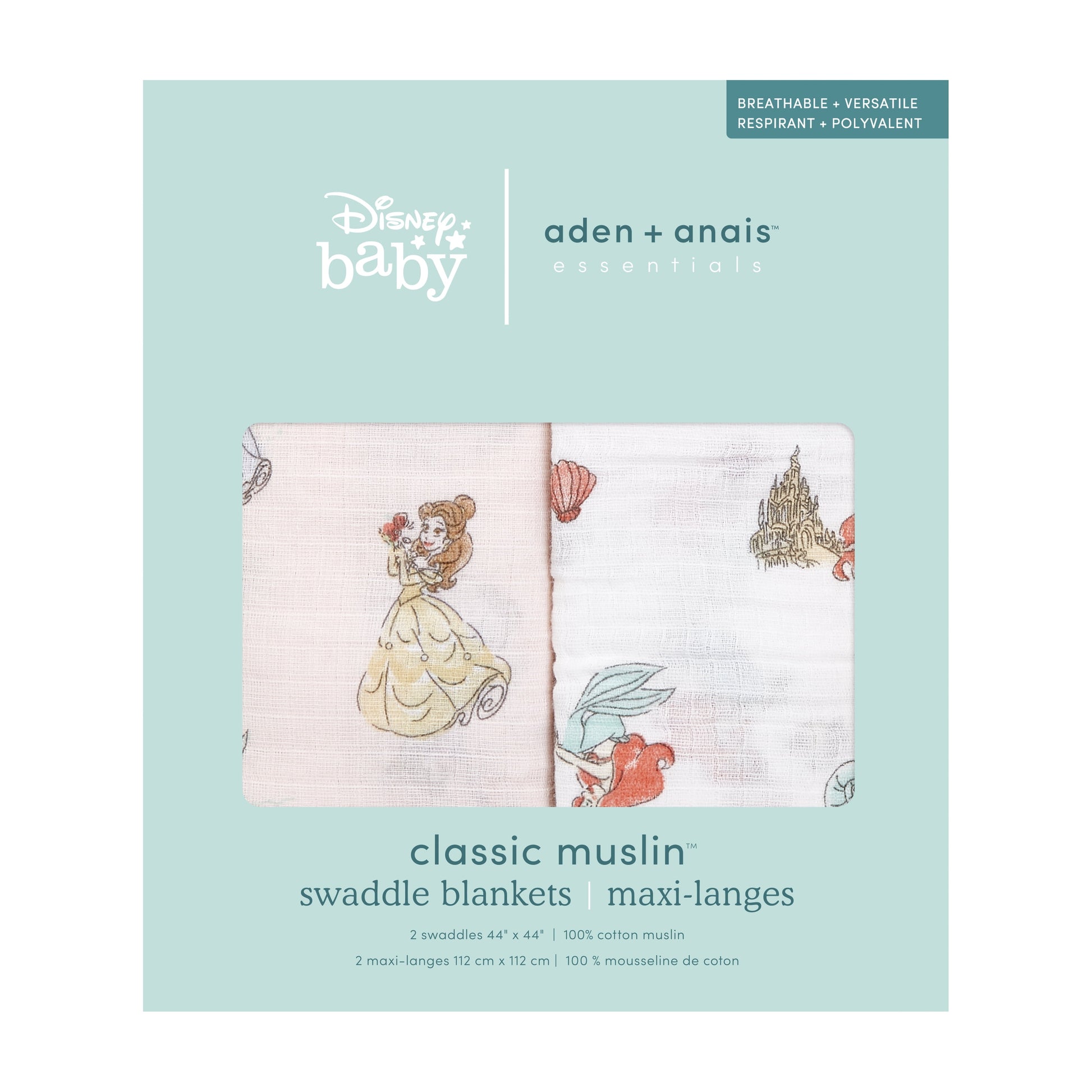Aden + Anais Essentials Disney Princess 100% Muslin Cotton Swaddle Blanket, Female, 2 Pack