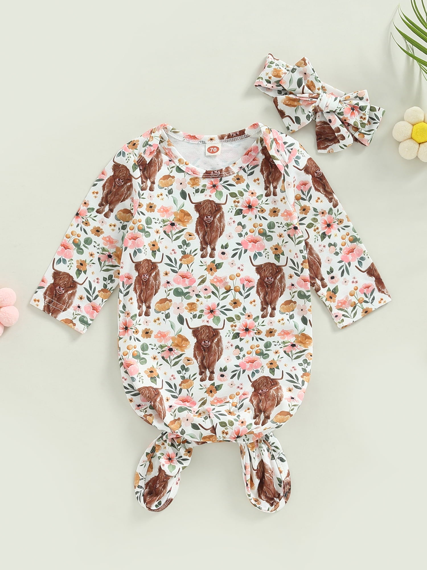 Newborn Girls Boys Sleeping Bag Floral Cow Head Print Long Sleeve Knotted Baby Wearable Blanket Wrap Swaddle with Headband