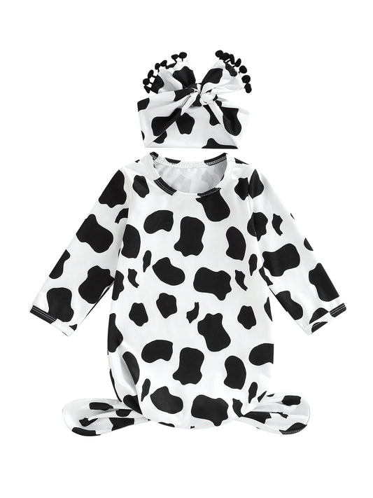 Musuos Infant Baby Girls Sleeping Bag Cow Pattern/Floral Print Round Neck Long Sleeve Swaddle Wearable Sleeper Blankets with Headband
