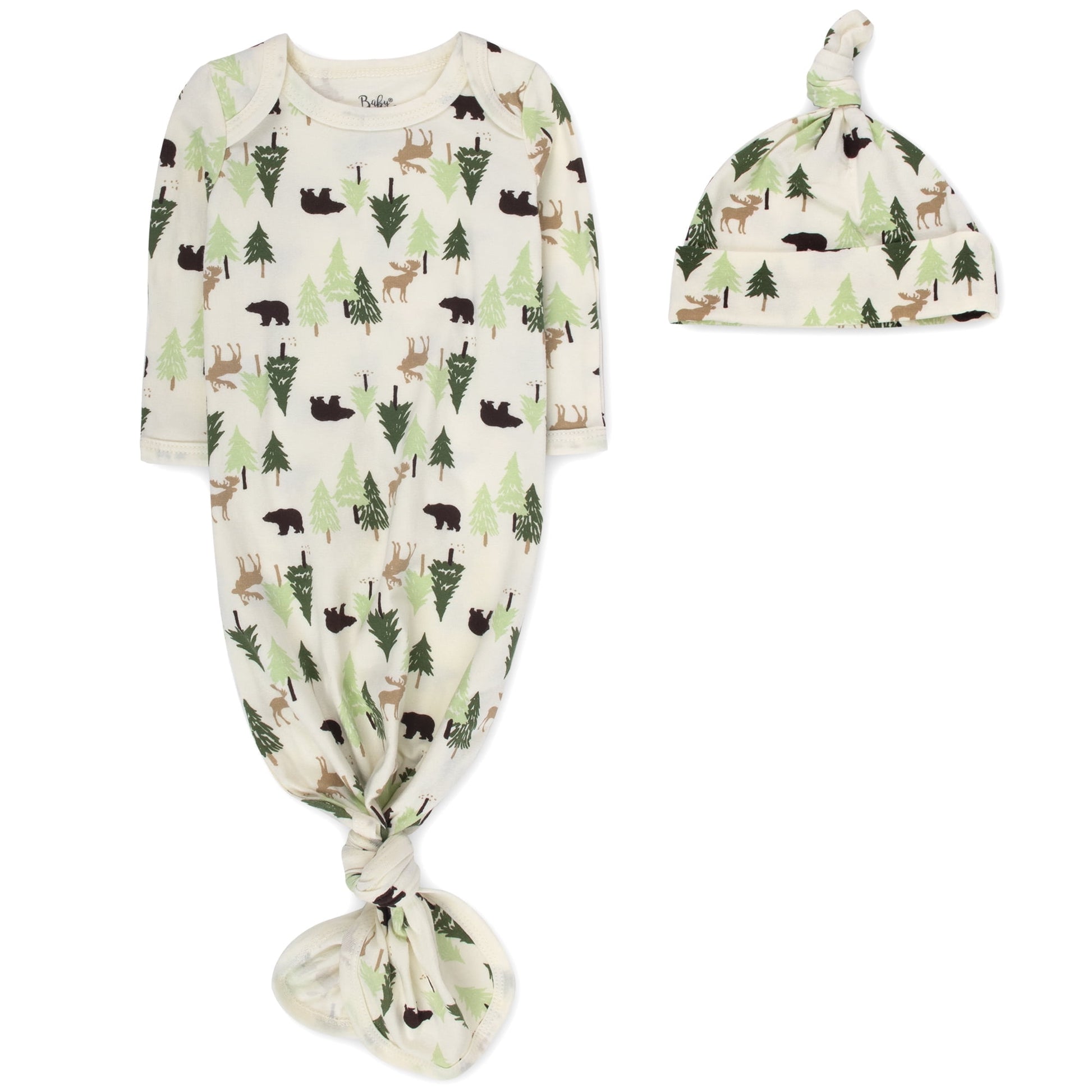 Baby Essentials Long Sleeve Knotted Patterned Sleeping Gown with Matching Night Cap for Newborn Infants 0 - 6 Months for Sleep, Cuddling, Swaddling and Lounge in Wonderous Woods