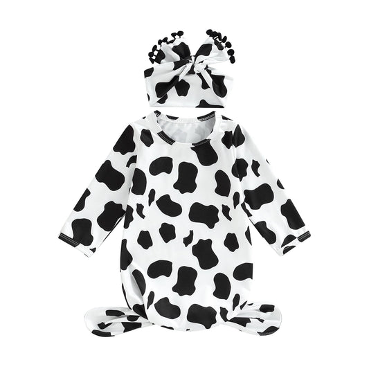 Musuos Infant Baby Girls Sleeping Bag Cow Pattern/Floral Print Round Neck Long Sleeve Swaddle Wearable Sleeper Blankets with Headband