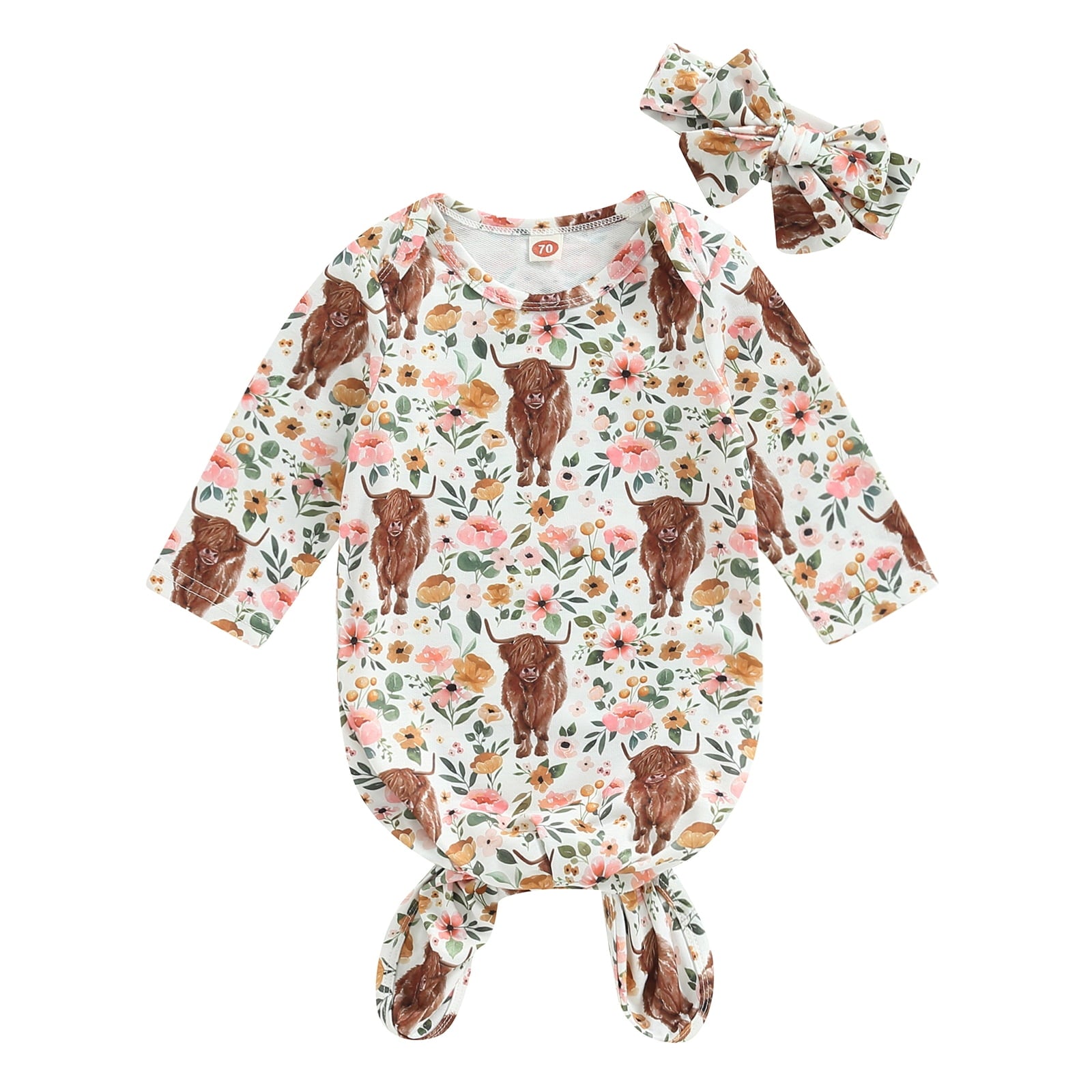 Newborn Girls Boys Sleeping Bag Floral Cow Head Print Long Sleeve Knotted Baby Wearable Blanket Wrap Swaddle with Headband