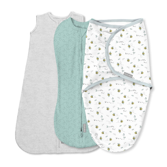 SwaddleMe by Ingenuity Comfort Pack Baby Swaddle Set, Size 0-3 Months, Pod, Original Swaddle, Night Sack, 3pk - Little Bees
