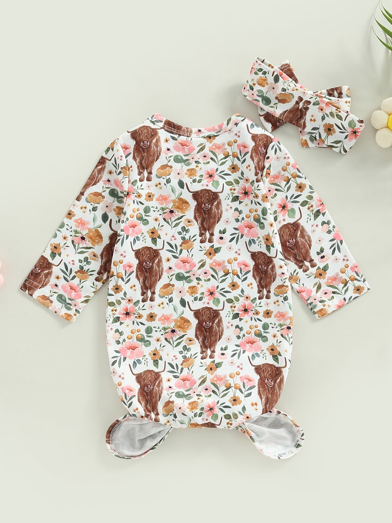 Newborn Girls Boys Sleeping Bag Floral Cow Head Print Long Sleeve Knotted Baby Wearable Blanket Wrap Swaddle with Headband