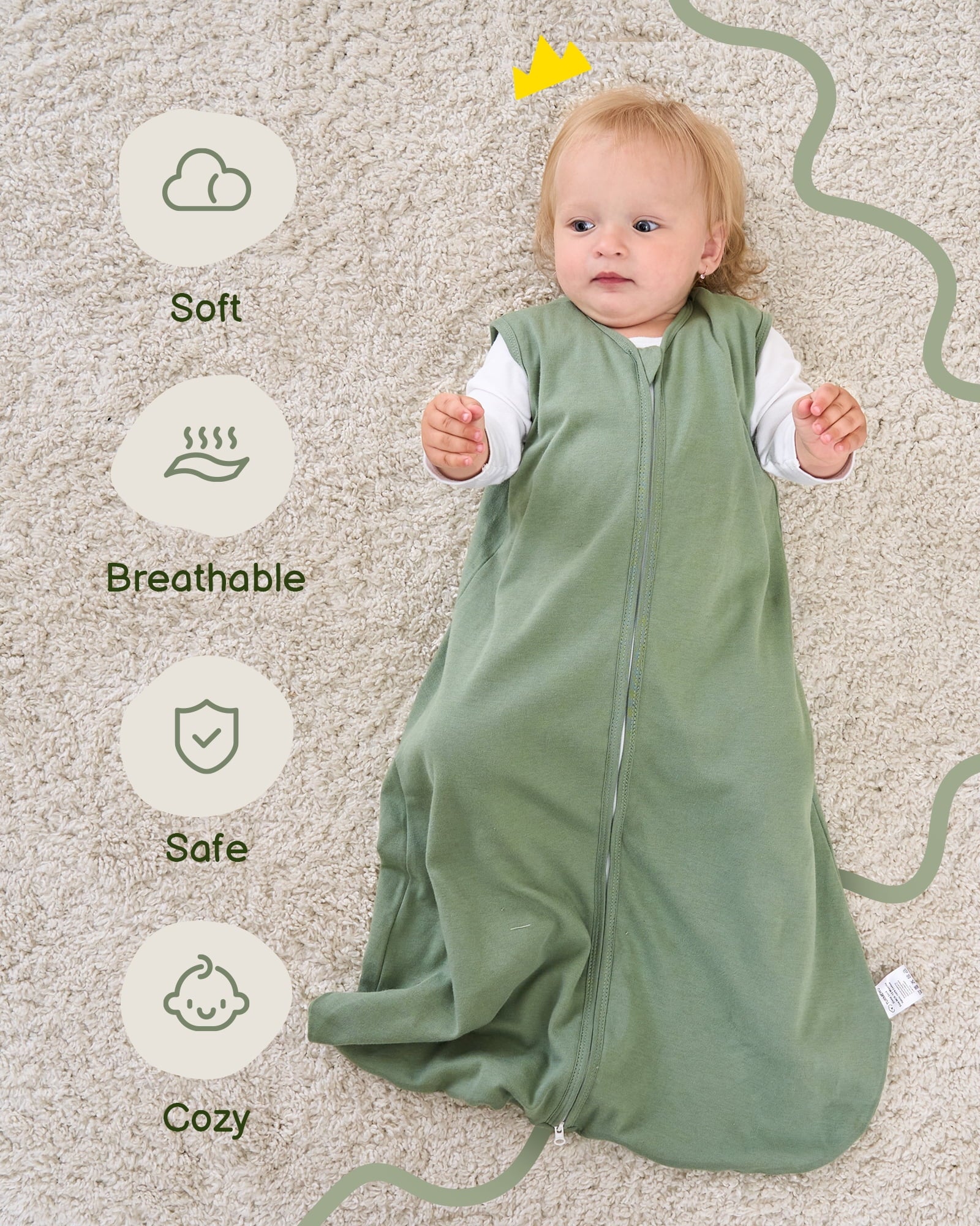 Baby Sleep Sack 6-12 Months, 100% Organic Cotton Wearable Blanket for Babies, 2-Way Zipper TOG 0.5 Lightweight Breathable Baby Sleeping Bag, 4 Sizes-M Leaf＆Green