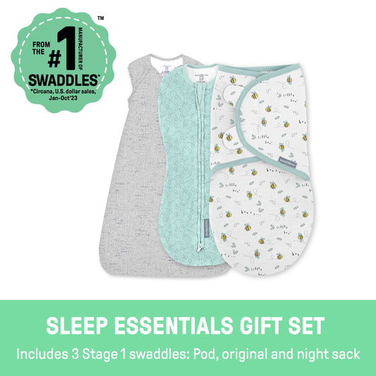 SwaddleMe by Ingenuity Comfort Pack Baby Swaddle Set, Size 0-3 Months, Pod, Original Swaddle, Night Sack, 3pk - Little Bees