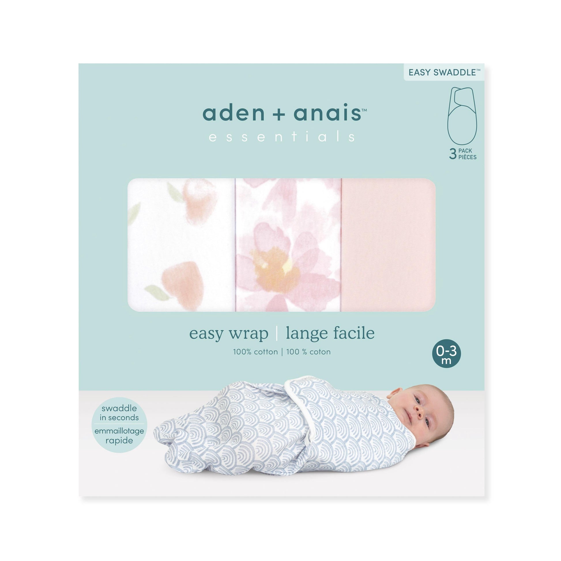 aden + anais™ Essentials No Zip Wrap Swaddles, Garden Floral, Pink, Girls, Newborn, 0-3 Months, 3-Pack