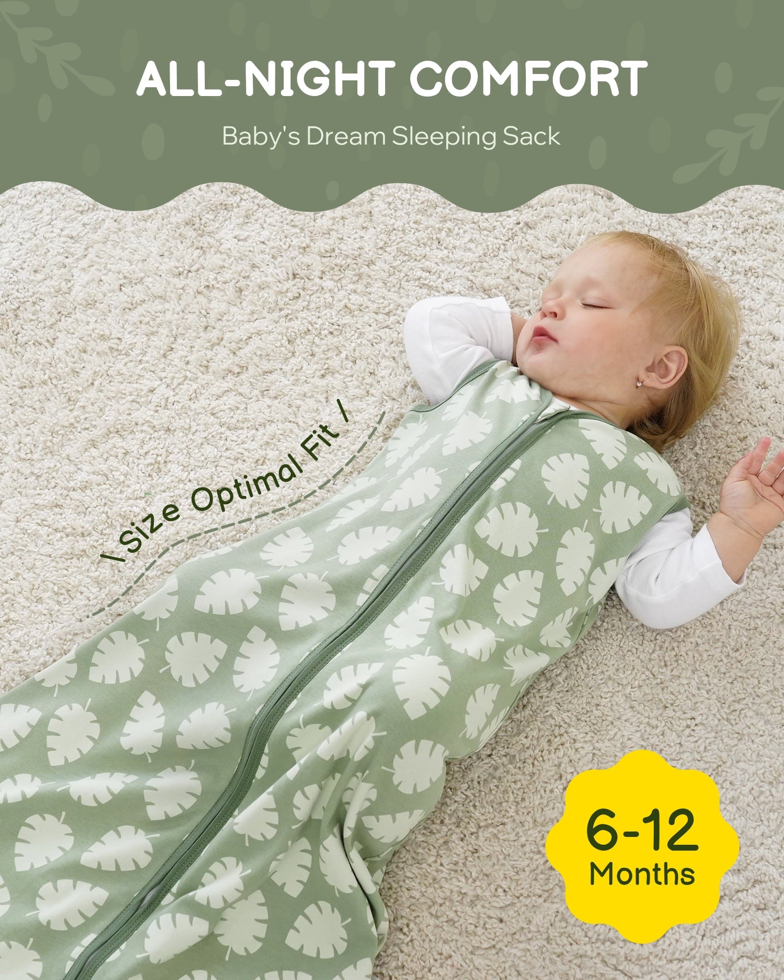 Baby Sleep Sack 6-12 Months, 100% Organic Cotton Wearable Blanket for Babies, 2-Way Zipper TOG 0.5 Lightweight Breathable Baby Sleeping Bag, 4 Sizes-M Leaf＆Green